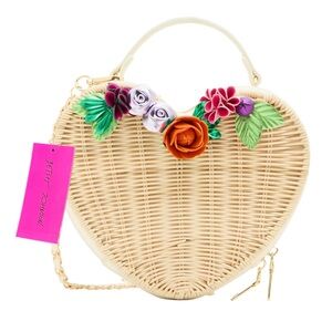 Betsey Johnson Heart-Shaped Woven Bag with Floral Accents